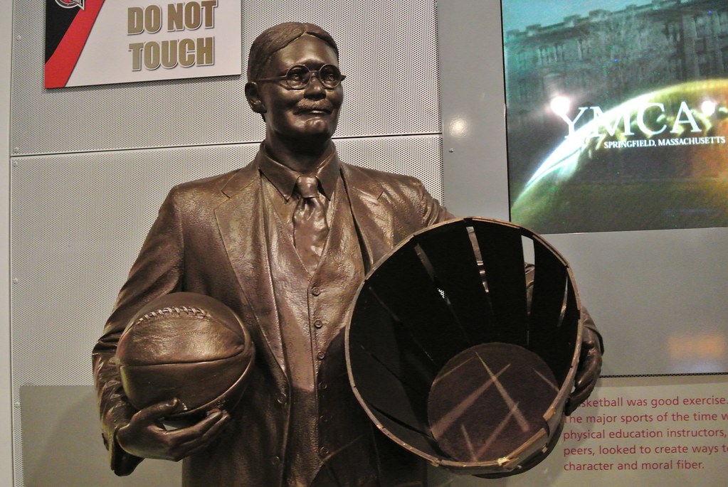 James Naismith with his peach basket as seen at The Naismith Memorial Basketball Hall of Fame in Springfield, MA