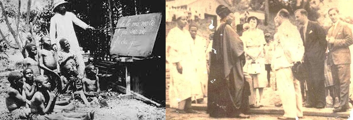 Historical photographs showing Christian missionary education and Igala traditional authority in northern Igbo regions.