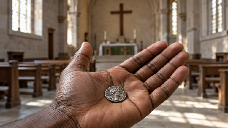 A Black person’s open hand holding a silver coin bearing Caesar’s profile, with a church altar and cross blurred in the background.