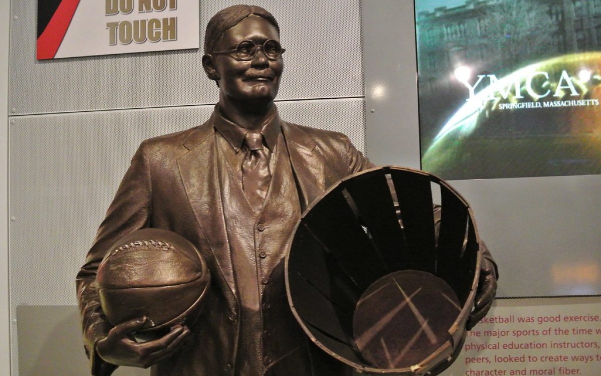 James Naismith with his peach basket as seen at The Naismith Memorial Basketball Hall of Fame in Springfield, MA