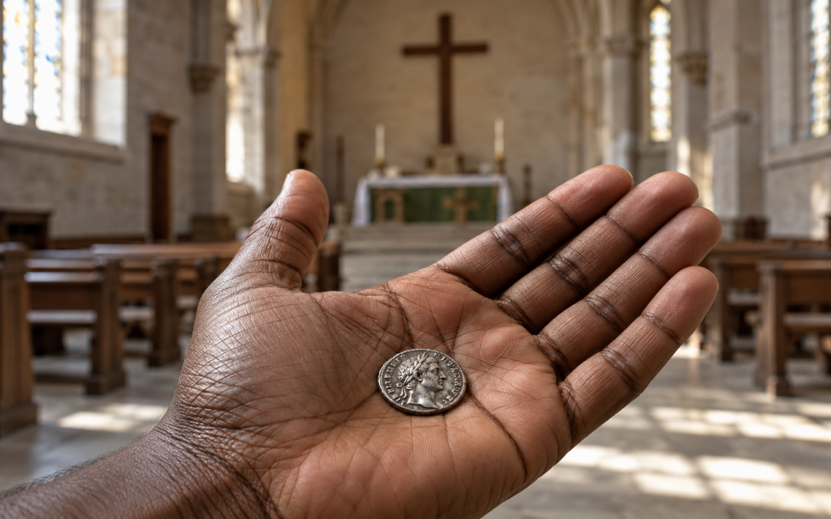 A Black person’s open hand holding a silver coin bearing Caesar’s profile, with a church altar and cross blurred in the background.